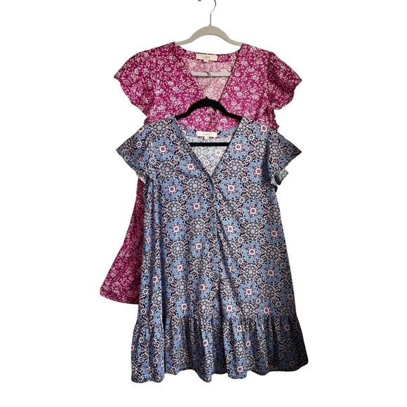 LOFT Dresses & Skirts - LOFT M Bundle Lot 2 Floral Ruffle Shirt Dresses V-Neck Tiered Babydoll Cotton